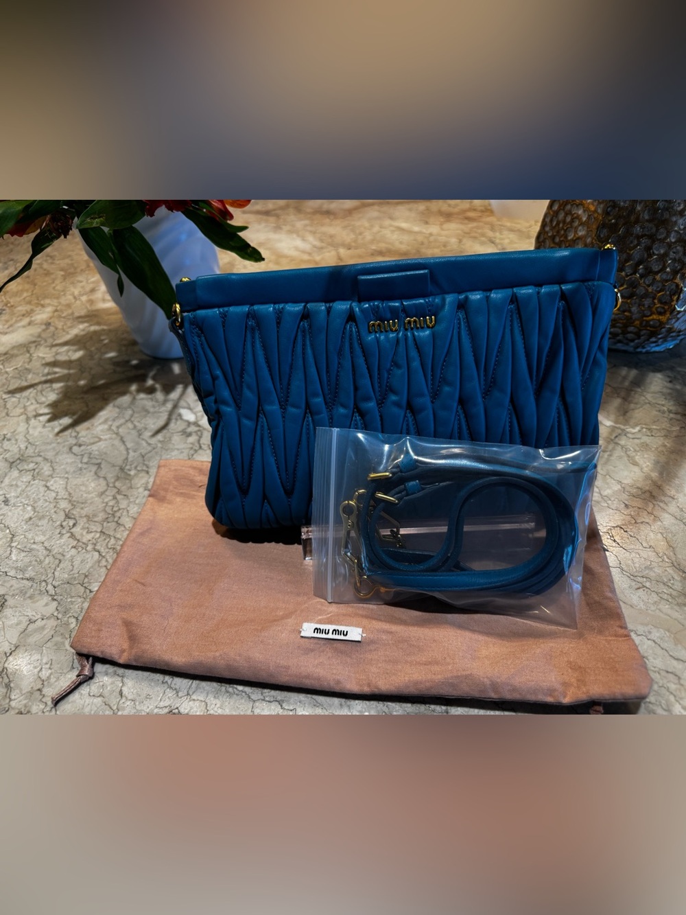 Miu Miu Blue Matelassé Leather 2 Way Bag. GUC/COA